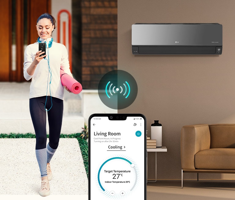 Trei pictograme în partea de sus indică faptul că există trei imagini într-un carusel. A doua pictogramă, etichetată „Alertă inteligentă”, este de culoare roșie. Un om stă pe podea uitându-se la telefonul lui cu cuptorul pe fundal. În partea stângă a ecranului se află o imagine a aplicației ThinQ pe un ecran de telefon cu pictograma Wi-Fi deasupra acestuia.