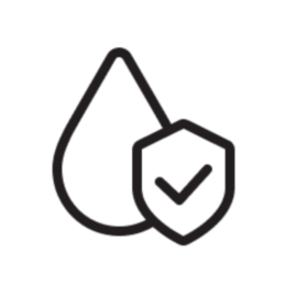 Apare o pictogramă cu o picătură de apă cu un scut și o bifă în față, indicând protecție și siguranță.