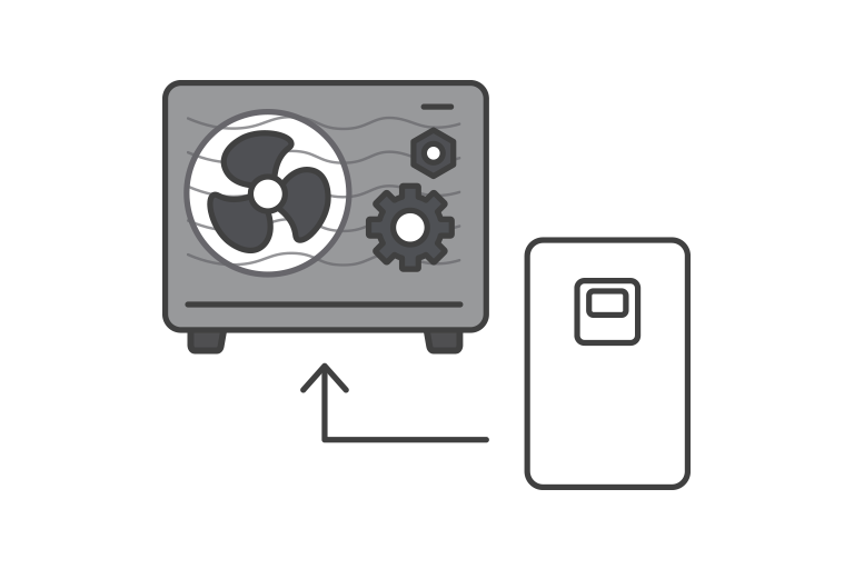 O pictogramă ce arată un Monobloc exterior negru, conectat la componente cu o săgeată. Reprezintă instalarea ușoară și economia de spațiu.