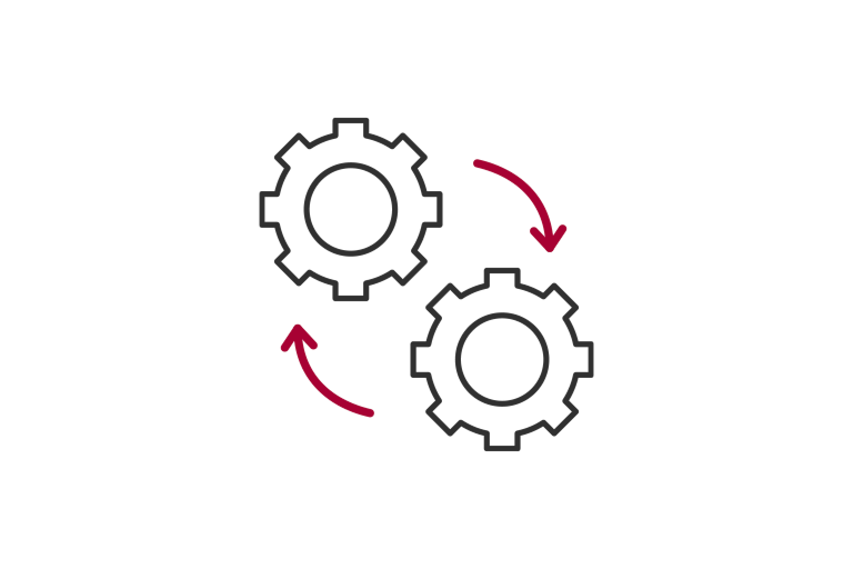 Pictogramă care arată două rotițe împreunate, reprezentând optimizarea sistemului.