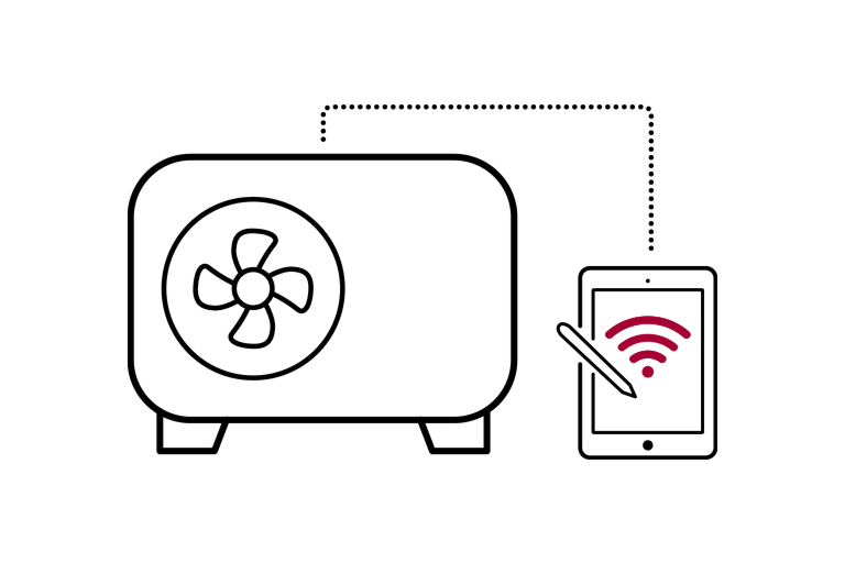 LG R290 Monobloc la stânga, tabletă la dreapta, conectate prin linie punctată, arătând conexiunea wireless.