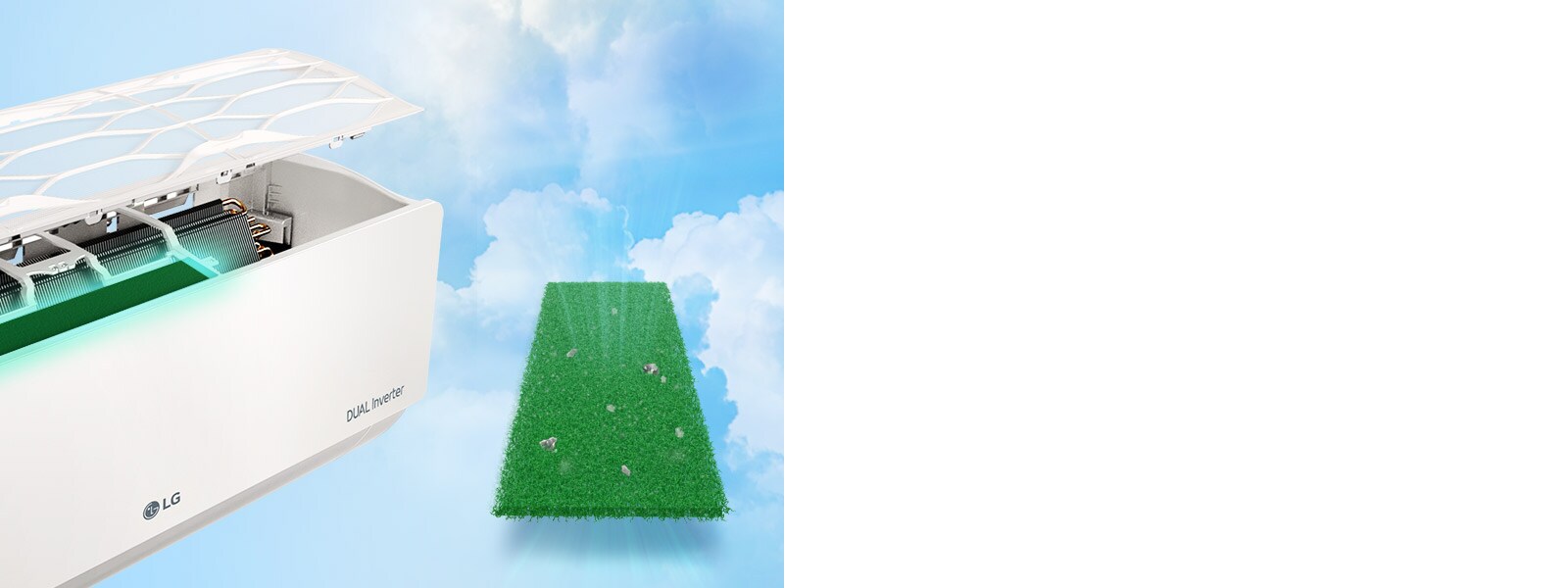 Unghiul lateral al aparatului de aer condiționat este afișat cu filtrele detașate pentru a pune în evidență filtrul anti-alergeni