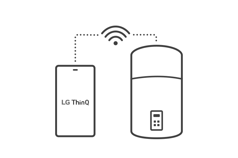 Un smartphone afișează „ThinQ” și este așezat lângă un încălzitor de apă WH10ESF0.HA, ambele conectate prin Wi-Fi.