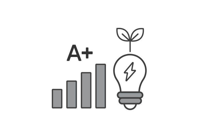 Un bec strălucitor și o diagramă simbolizând eticheta de energie A+ ErP reprezintă eficiența de alimentare și performanța energetică.