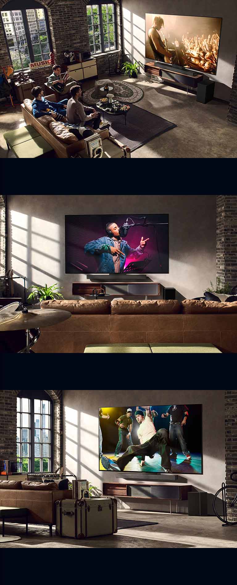 There are three lifestyle images. From top to bottom: three men are enjoying a concert video in the living room. There's an LG TV on the wall displaying a music recording scene, and the LG TV on the wall showing a breaking dance scene in a diagonal view.