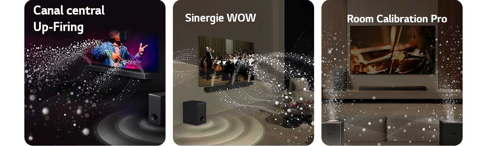 LG Soundbar și LG TV într-o cameră neagră, redând o interpretare muzicală. Picături albe, reprezentând undele sonore, se ridică și se proiectează înainte din soundbar, în timp ce subwooferul creează un efect sonor din partea de jos.