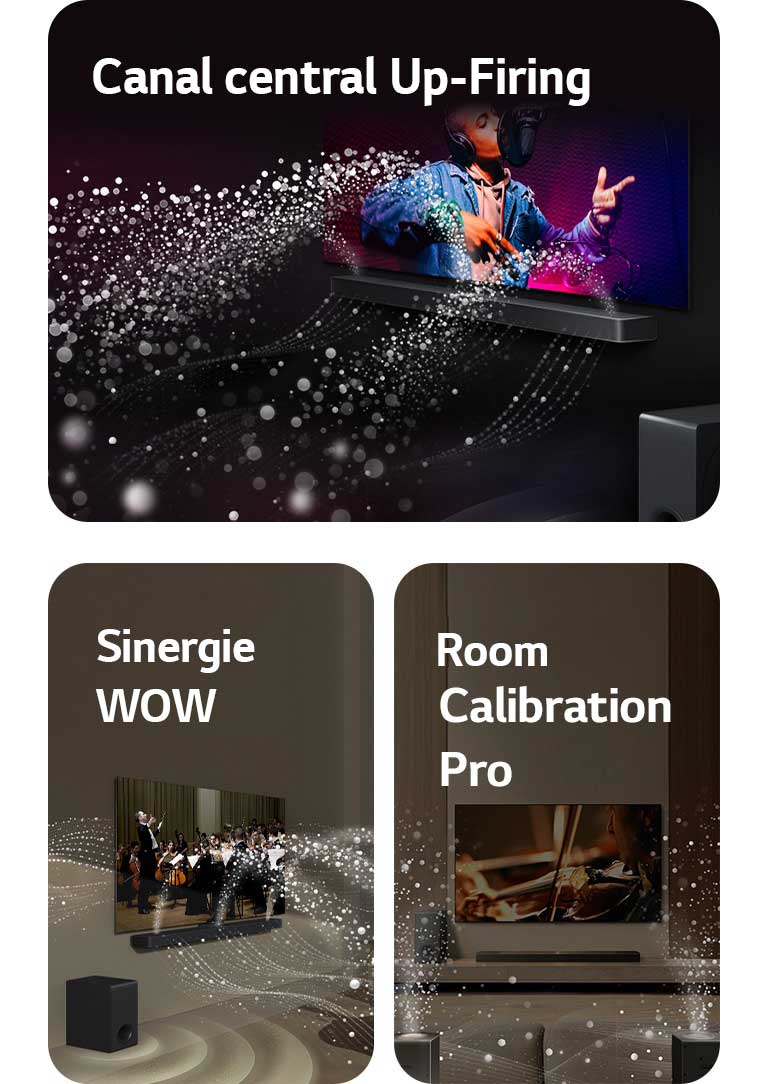 LG Soundbar și LG TV într-o cameră neagră, redând o interpretare muzicală. Picături albe, reprezentând undele sonore, se ridică și se proiectează înainte din soundbar, în timp ce subwooferul creează un efect sonor din partea de jos.