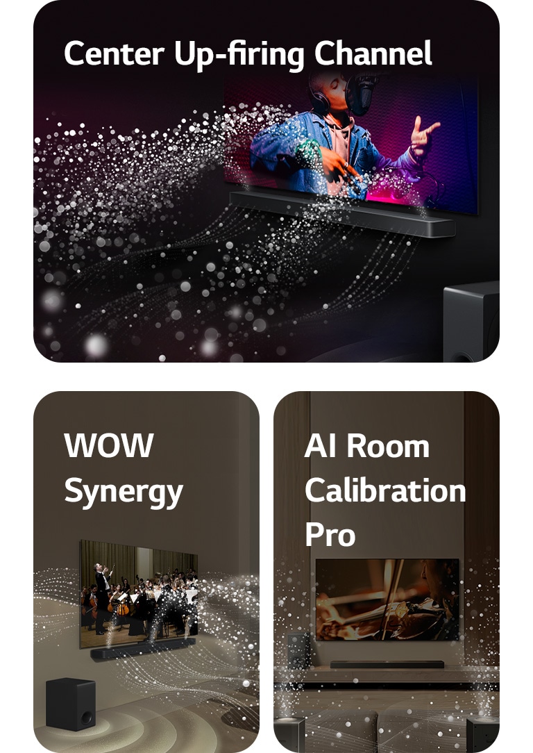 LG Soundbar și LG TV într-o cameră neagră, redând o interpretare muzicală. Picături albe, reprezentând undele sonore, se ridică și se proiectează înainte din soundbar, în timp ce subwooferul creează un efect sonor din partea de jos.