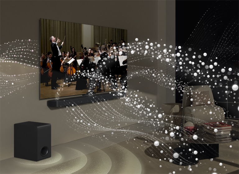 LG Soundbar, LG TV și un subwoofer se află într-o sufragerie și rulează un spectacol muzical. Picături albe crează unde de sunete care ies în sus și în față din soundbar și se proiectează din TV. Un subwoofer creează un efect de sunet de jos.