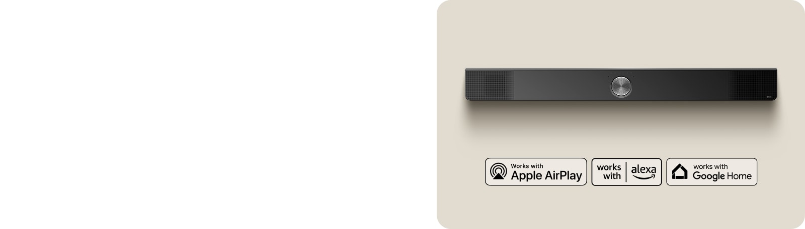 O perspectivă de sus a unui LG Soundbar. Logo Apple AirPlay Logo Amazon Alexa Logo Google Home