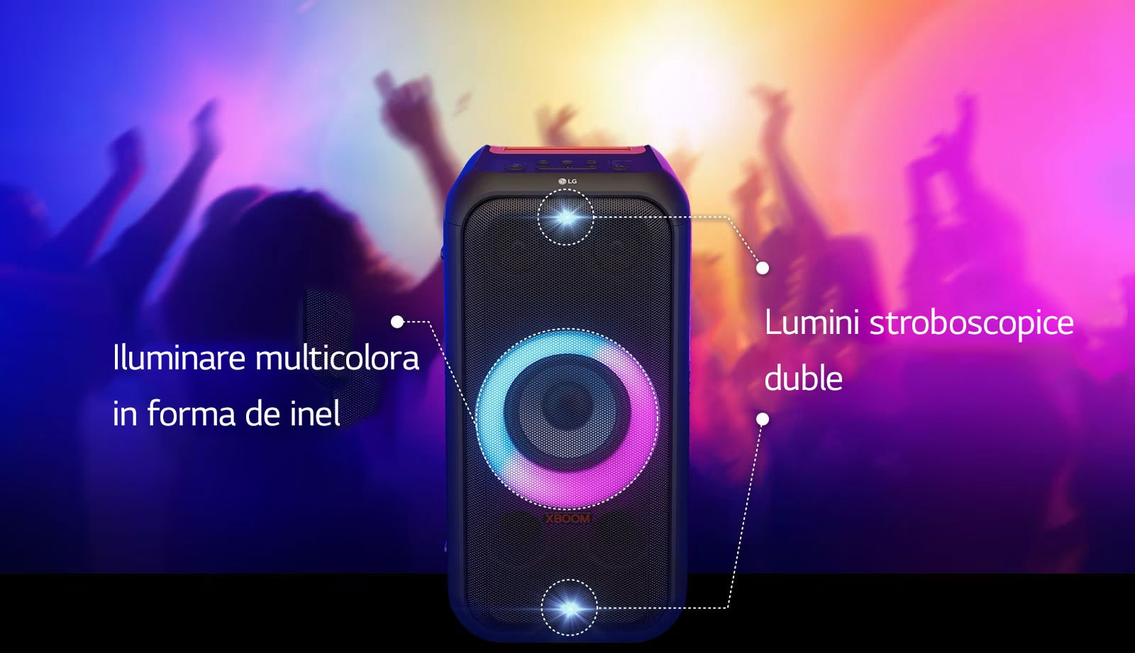 Vedere frontală a difuzorului. Există o linie care informează cu privire la fiecare parte a iluminatului. În partea superioară și cea inferioară, lumini stroboscopice duble. În mijloc sunt aprinse luminile cu inel multicolor roz și cyan.