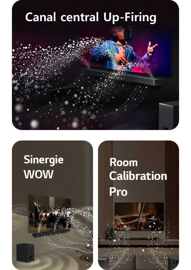Soundbar-ul LG și televizorul LG sunt într-o cameră neagră, redând o interpretare muzicală. Picături albe care reprezintă unde sonore sunt proiectate în sus și în față de la soundbar, în timp ce subwoofer-ul creează un efect sonor din partea de jos.