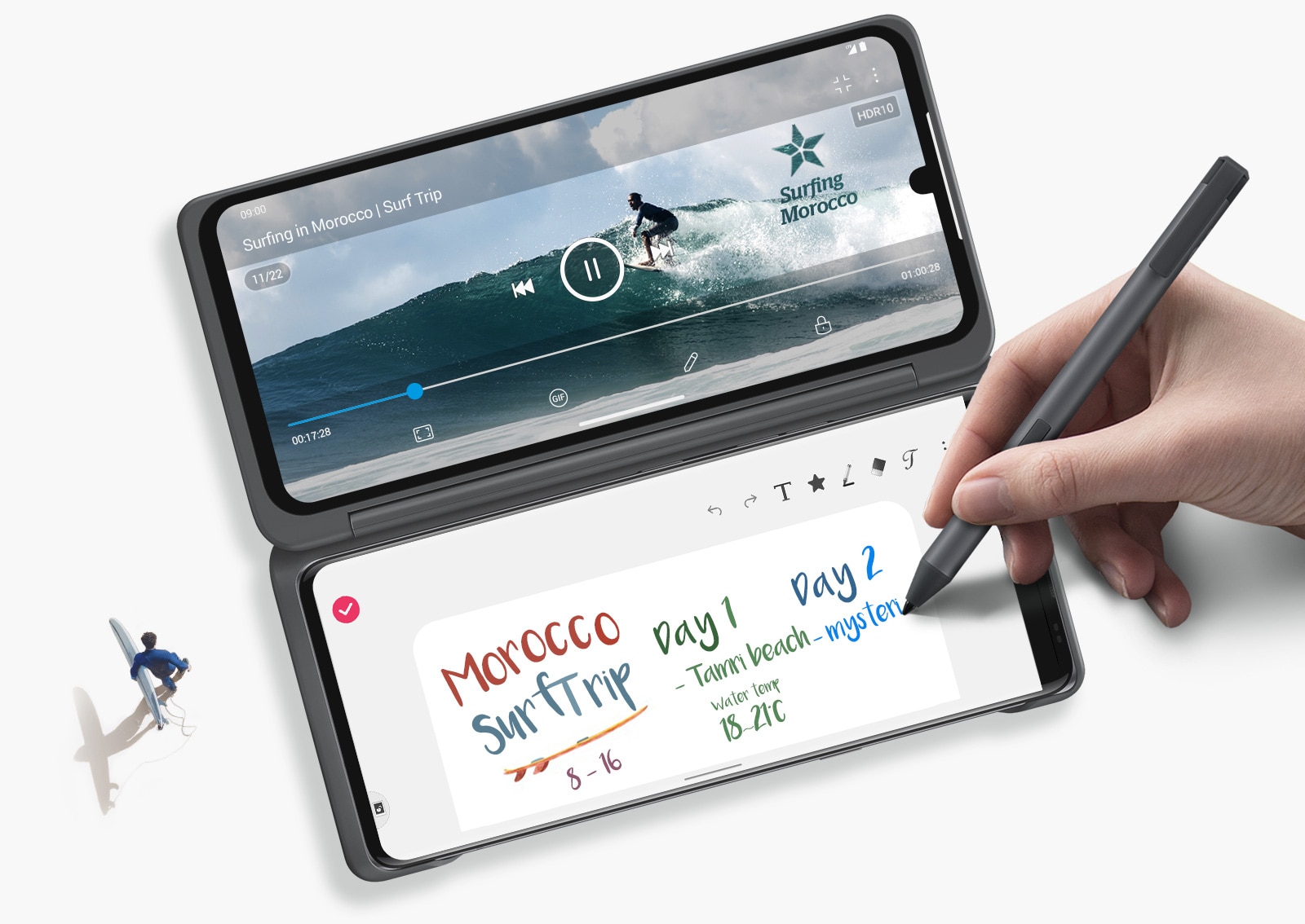 Redă un videoclip pe unul dintre ecrane și folosește-l pe celălalt pentru a lua notițe.