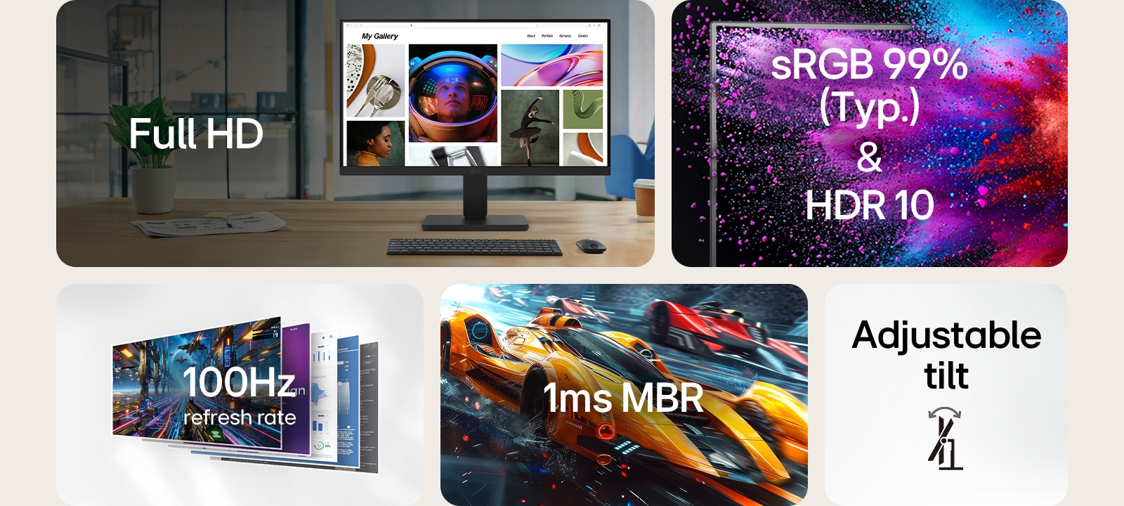 O prezentare generală a caracteristicilor unui monitor care afișează cinci specificații cheie: Rezoluție Full HD, sRGB 99% (Typ.) cu suport HDR10, rată de reîmprospătare de 100Hz, 1ms MBR (reducere a estompării mișcării) și basculare reglabilă. Elementele vizuale includ un spațiu de lucru modern, un grafic cu spectrul de culori, o scenă din jocul de curse și o ilustrație a unghiului de basculare.	