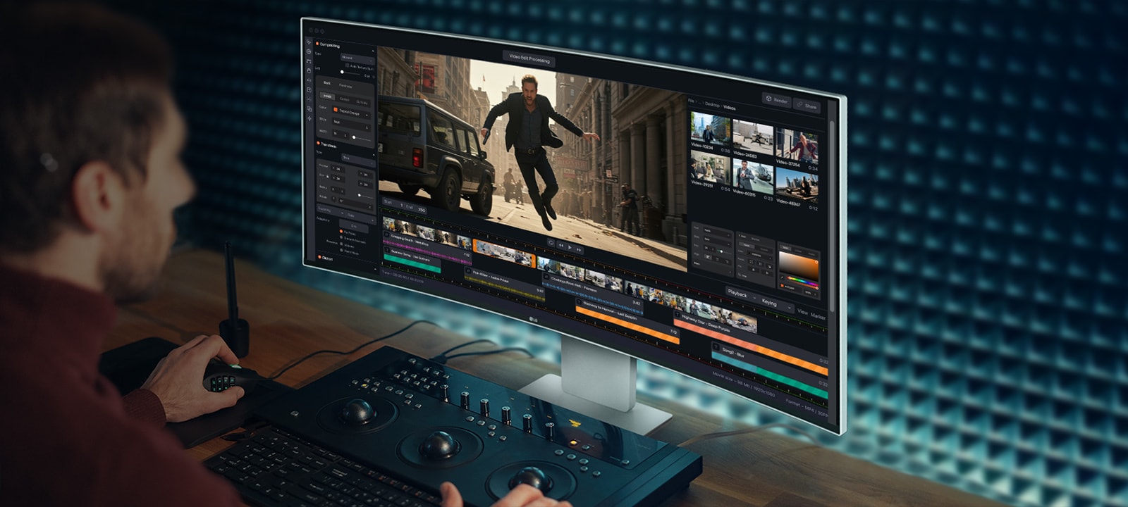 Un bărbat lucrează într-un program de creație video pe monitorul UltraFine.	