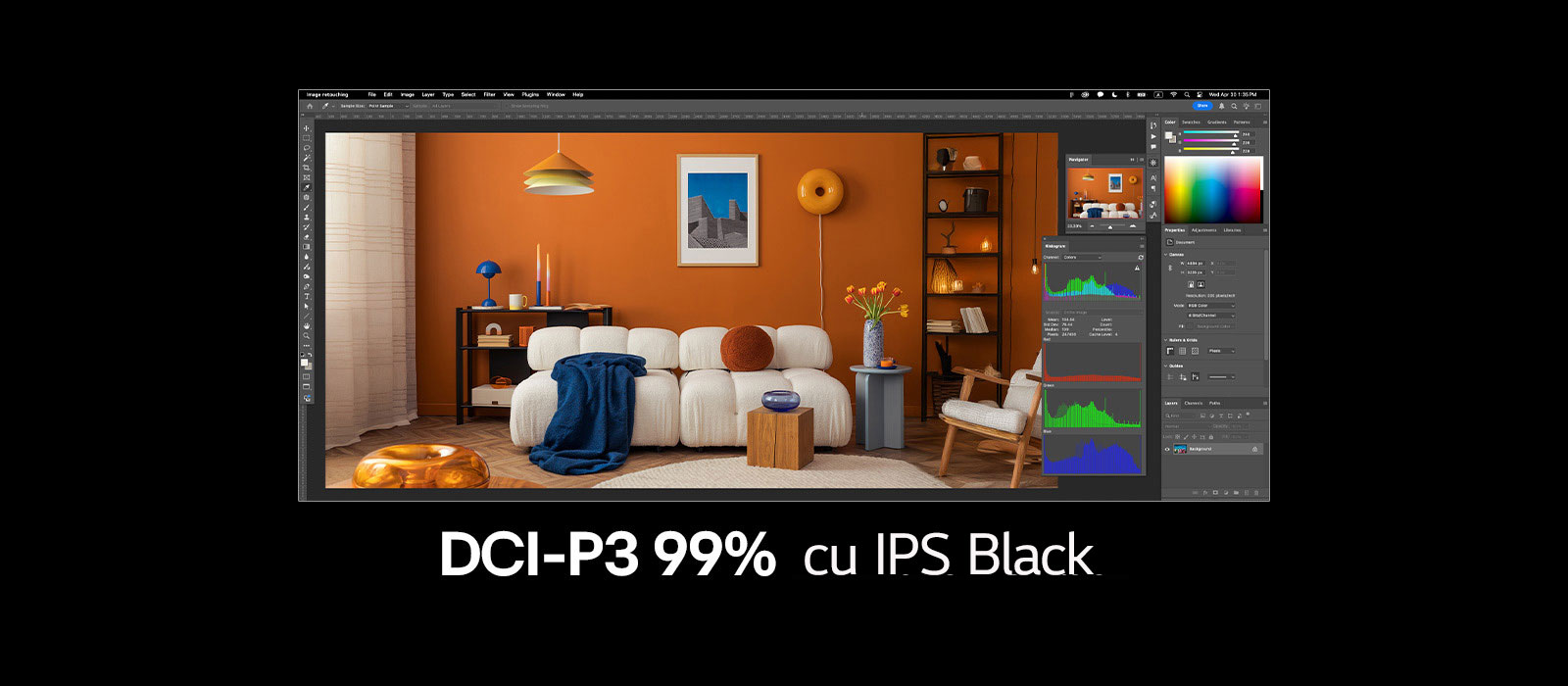 O imagine pe întreg ecranul, cu un program de design care arată culori vibrante.	