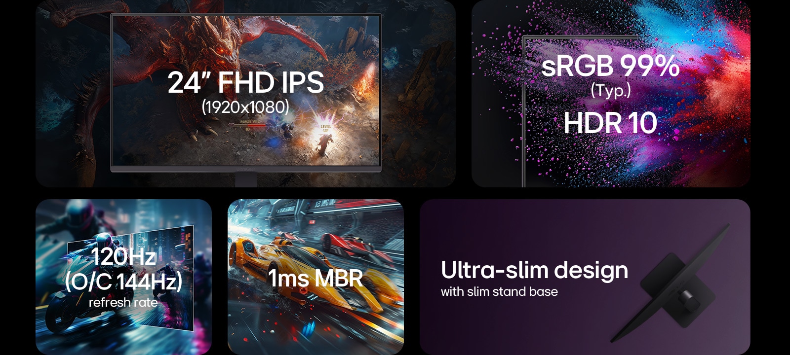 FHD IPS 1920x1080 24 inchi, sRGB 99%, HDR 10, rată de reîmprospătare 120Hz, 1ms MRB, design ultra subțire