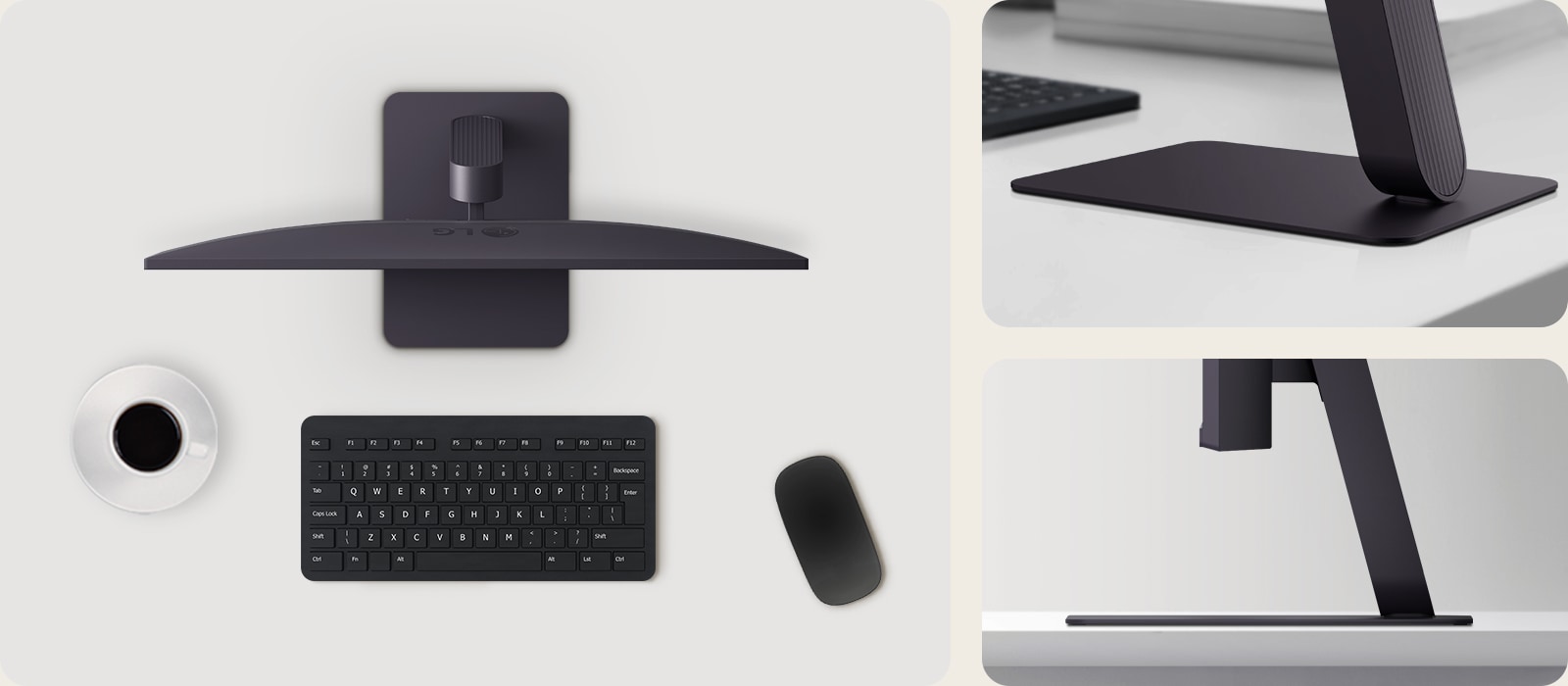Vedere de sus a monitorului LG UltraGear cu o tastatură, mouse și cană de cafea pe un birou cu o configurare curată.