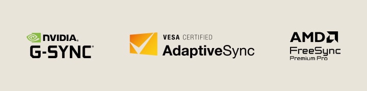 Logo-urile NVIDIA G-SYNC, VESA AdaptiveSync și AMD FreeSync Premium Pro.