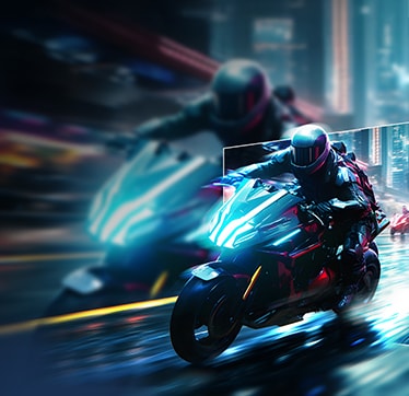 Un motociclist futurist străbate în viteză un oraș iluminat cu neoane, cu o secțiune evidențiată care prezintă o imagine mai clară și mai detaliată pentru a demonstra claritatea mișcării.