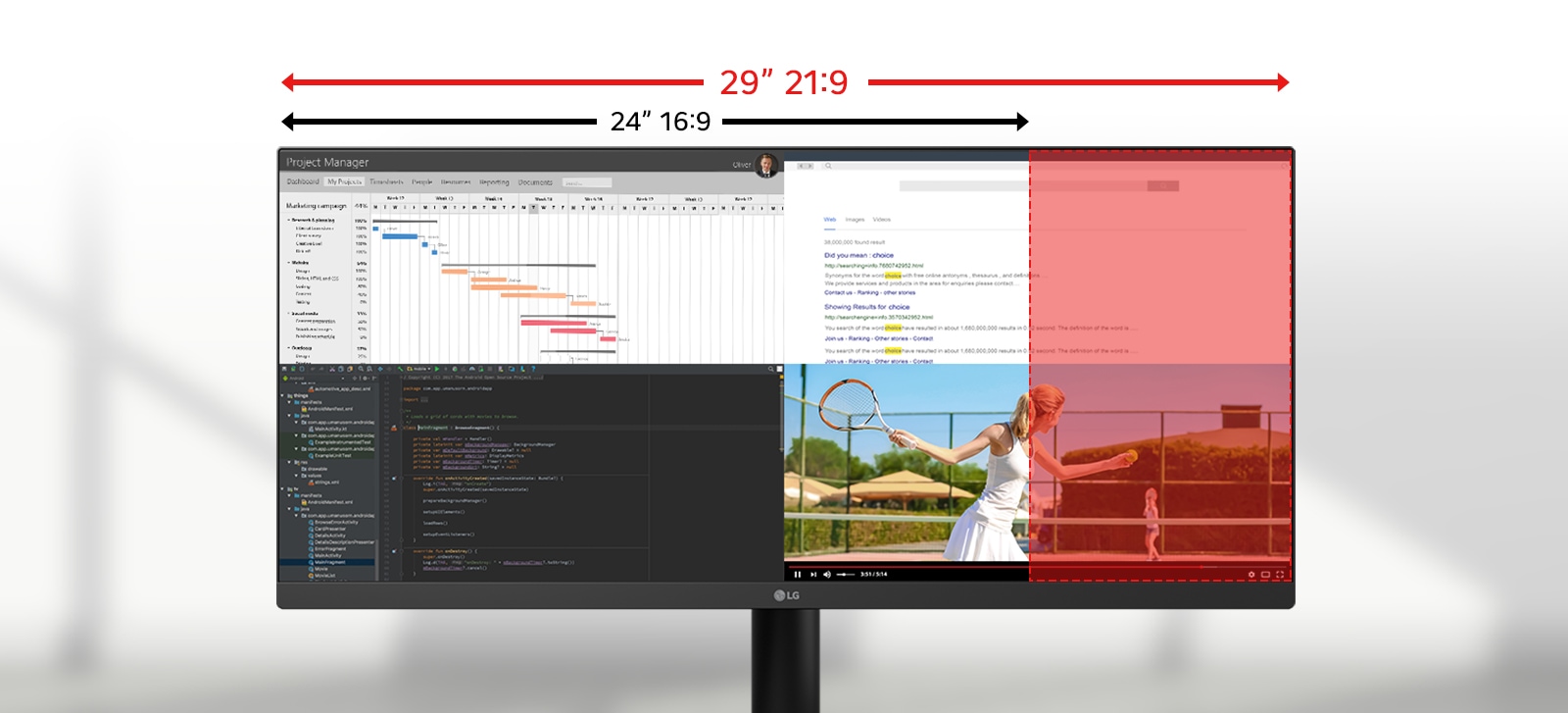 Monitor LG ultra-larg de 29” care ilustrează diferența dintre formatele de imagine 21:9 și 16:9, cu mai multe aplicații afișate una lângă alta pentru multitasking.	
