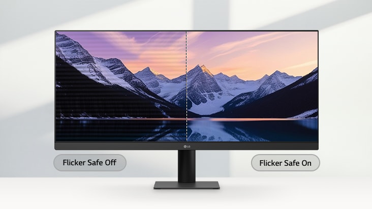 Monitorul LG ultra-larg afișează o comparație pe ecran împărțit a unui peisaj montan, cu partea stângă care prezintă efectul de flicker al ecranului și partea dreaptă care prezintă o imagine clară, fără efect de flicker	