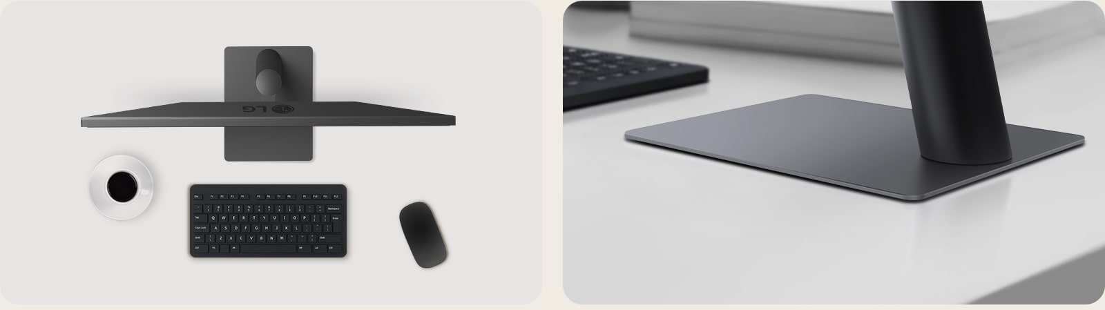 Vederi de sus și unghiulare ale unei configurații de monitor pe un birou curat, cu o ceașcă de cafea, tastatură wireless, mouse și un suport elegant, cu profil compact, care asigură stabilitate și economisește spațiu.	