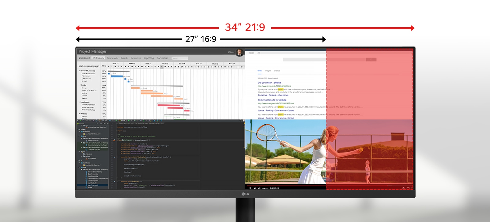 Monitor LG ultra-larg care afișează mai multe aplicații pe un ecran 21:9 de 34”, cu o comparație evidențiată care arată spațiul orizontal suplimentar față de un ecran 16:9 standard de 29”.	