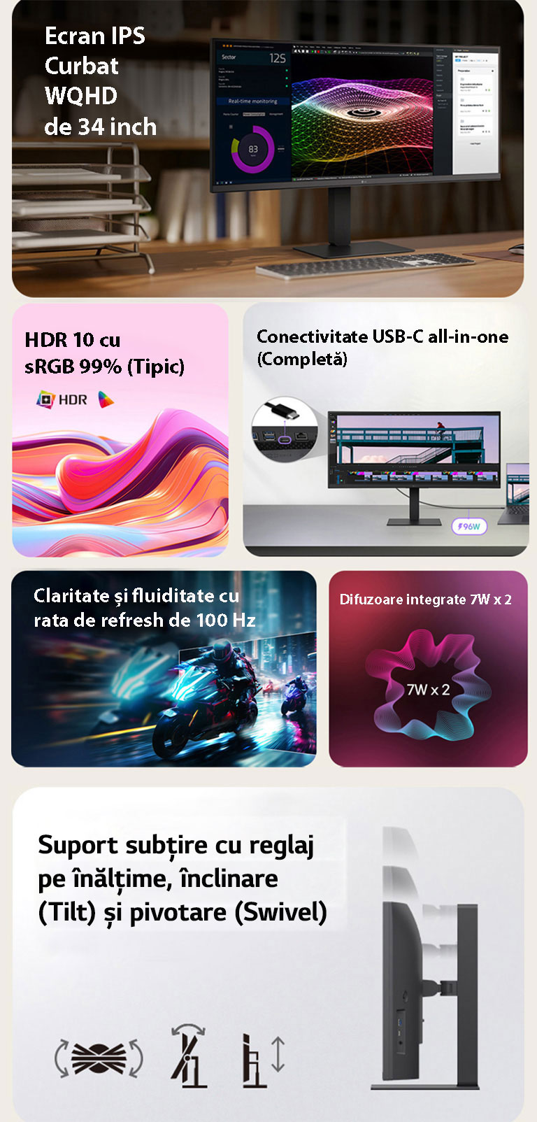 Aceasta este o imagine rezumat pentru un monitor UltraWide, împărțită în șase blocuri: un ecran IPS curbat WQHD de 34 de inci pe un birou de lemn, afișând monitorizare în timp real, grafică 3D colorată și instrumente de gestionare a proiectelor; valuri abstracte vii reprezentând HDR10 și acuratețea culorilor sRGB 99%; un prim-plan al porturilor care ilustrează conectivitatea USB-C all-in-one; o scenă rapidă de curse de motociclete care evidențiază rata de reîmprospătare fluidă de 100 Hz; o grafică a difuzoarelor integrate duale de 7W pentru un sunet imersiv; și un profil lateral al suportului subțire cu pictograme care indică ajustările ergonomice de înclinare, pivotare și înălțime.