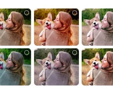 Ecranul unui utilizator care trece prin procesul de personalizare AI Picture Wizard. Una dintre opțiuni este evidențiată ca și cum utilizatorul a făcut deja alegerea.Ecranul unui utilizator care trece prin procesul de personalizare AI Picture Wizard. Serie de imagini arătată cu selecțiile utilizatorului fiind evidențiate. O pictogramă de încărcare apare, iar o imagine cu un peisaj este arătată, fiind îmbunătățită de la stânga la dreapta.
