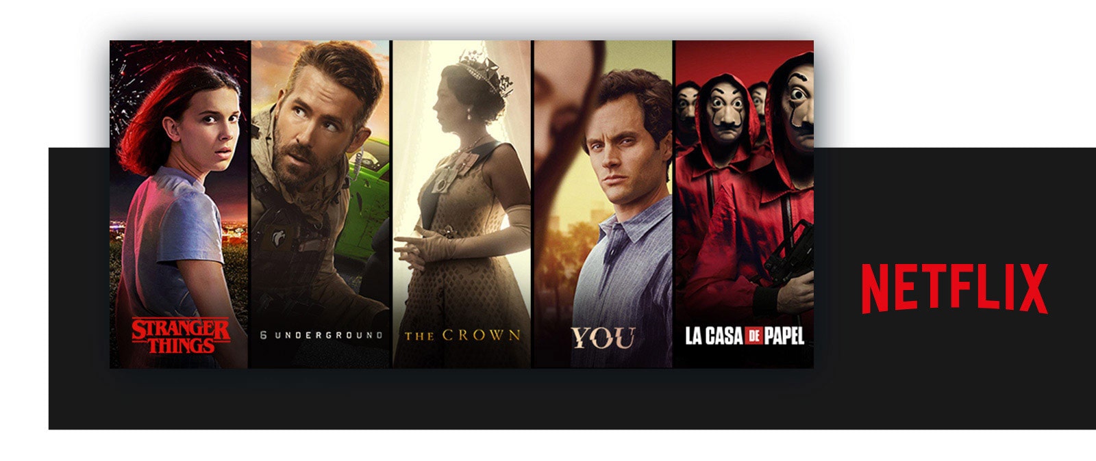 -Disney + sigla urmată de cinci inserturi verticale de titlu pentru Disney, Pixar, Marvel, Star Wars și National Geographic.  -Sigla NETFLIX urmată de patru inserturi verticale de titlu pentru Stanger Things, 6 Underground, The Crown, You și La Casa De Papel. -Apple TV+ sigla urmată de patru inserturi verticale de titlu pentru Servant, Mythic Quest, Little America și The Morning Show