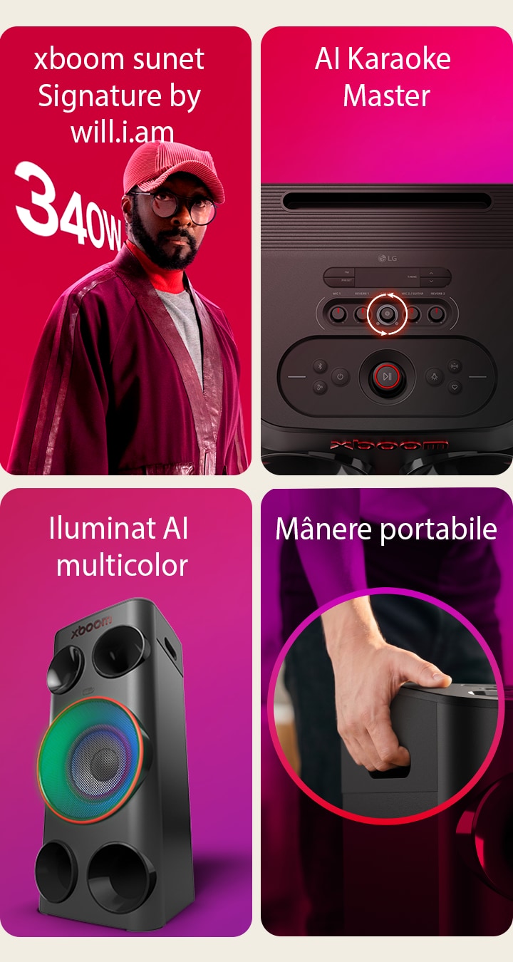 1) Boxă de petrecere LG xboom Power 7000, cu o putere de 340 W și sunet distinctiv reglat de will.i.am. 2) LG xboom Power 7000, o boxă de petrecere karaoke cu AI Karaoke Master 3) Boxă de petrecere LG xboom Power 7000 care oferă efecte de iluminat multicolor ca o boxă cu iluminat 4) Boxă de petrecere LG xboom Power 7000, cu mânere portabile pentru transport ușor.