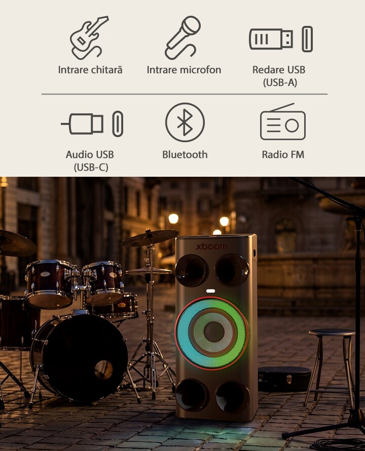 Boxă de petrecere LG xboom Power 7000 cu chitară, tobă, microfon și intrări audio multiple pentru conectivitate perfectă cu mai multe dispozitive.