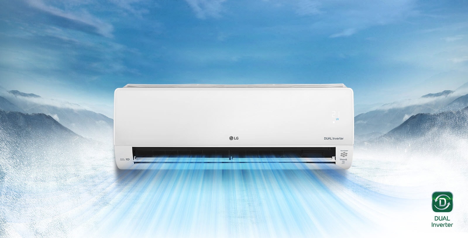 Este prezentat un peisaj de munte înzăpezit pe fundal. Vederea frontală a aparatului de aer condiționat este în prim-plan și aerul iese din aparat. Logo-ul LG se află în centrul aparatului, cu logo-ul Dual Inverter, logo-ul ThinQ și logo-ul Dual Inverter 10 ani de garanție vizibile pe părțile laterale ale părții frontale. Panoul de calitate a aerului este luminat cu verde pe partea dreaptă. Logo-ul Dual Inverter se află în partea dreaptă jos a videoclipului.