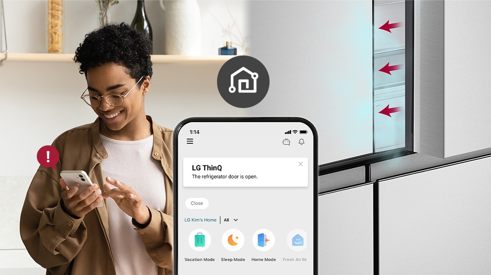 LG ThinQ / The refrigerator door open / Close / LG Kim's home / All / Vacation Mode / Sleep Mode / Home Mode / Fresh Air Mode 
