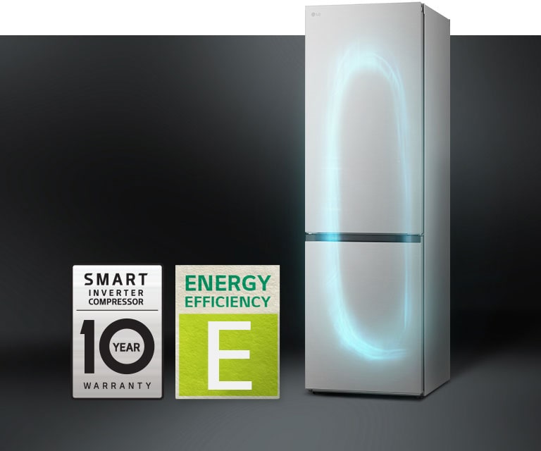 Frigider cu sistem eficient de răcire smart inverter compressor și eticheta de garanție de 10 ani a compresorului.