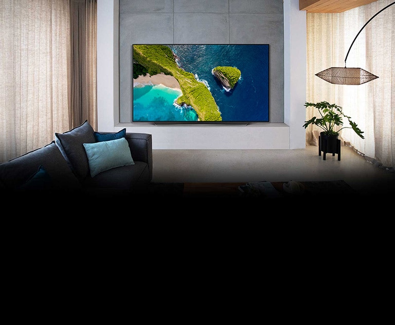 Televizor care prezintă o vedere aeriană a naturii într-un decor cu o casă luxoasă