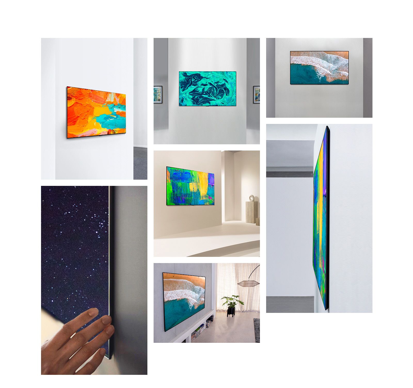 O vedere laterală a televiziunii LG Gallery Design care apare din punct de vedere estetic din perete, ca o lucrare de artă.