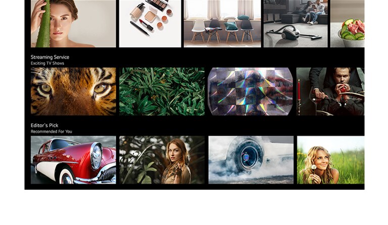 Un ecran TV care prezintă diverse conținuturi listate și recomandate de LG ThinQ AI