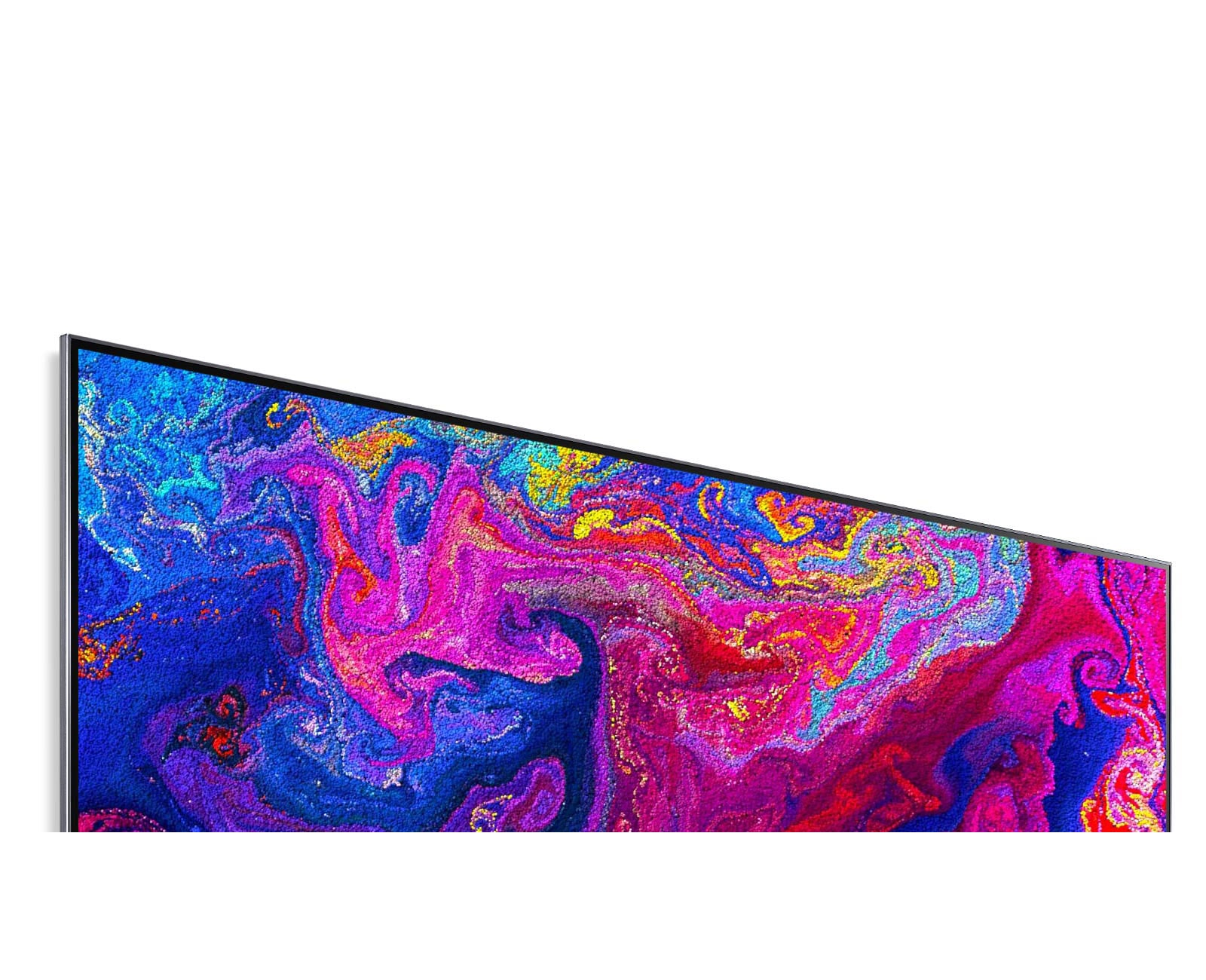 Un ecran TV care afișează particule intens colorate care se rotesc (redați videoclipul).