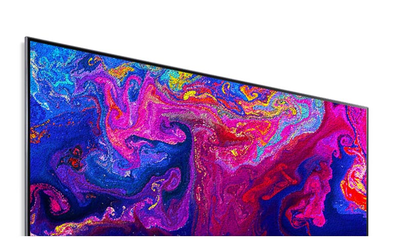 Un ecran TV care afișează particule intens colorate care se rotesc (redați videoclipul).