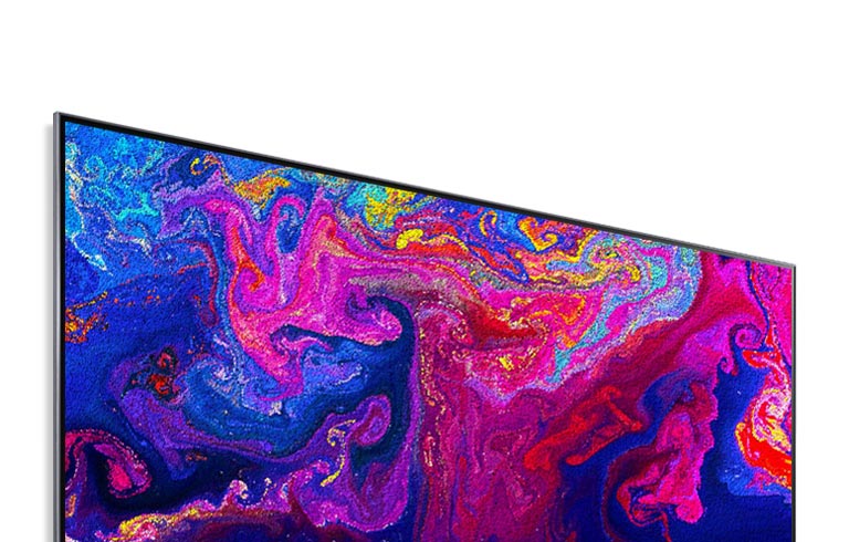 Un ecran TV care afișează particule intens colorate care se rotesc (redați videoclipul).