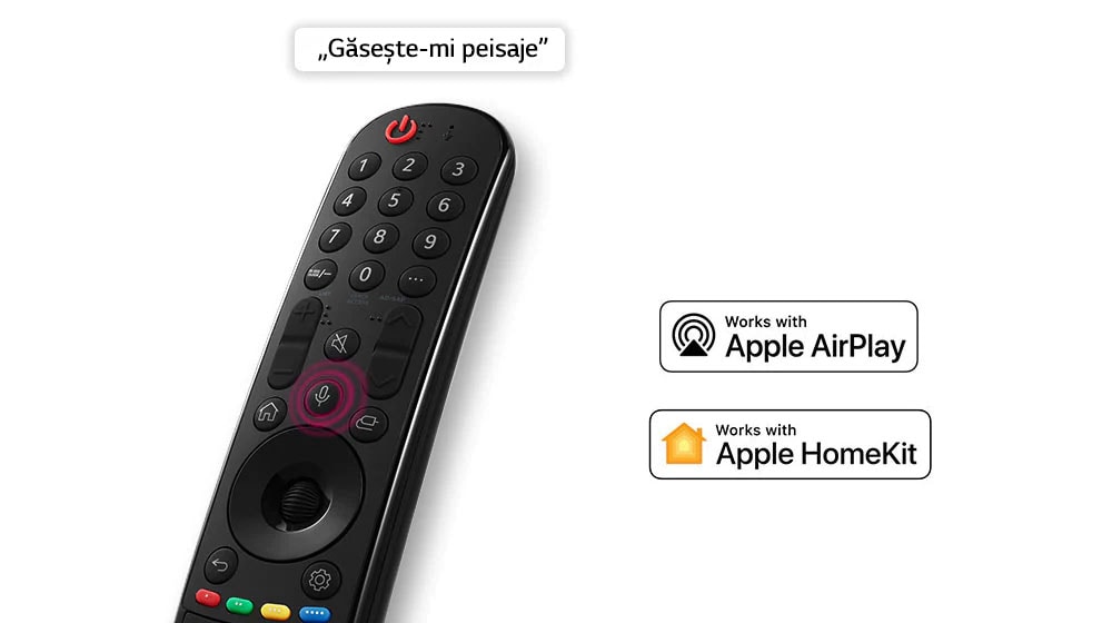 O telecomandă cu bule de vorbire pe care se poate de citit „Găsește-mi peisaje”. Logo-urile serviciilor afiliate OTT sunt ilustrate.