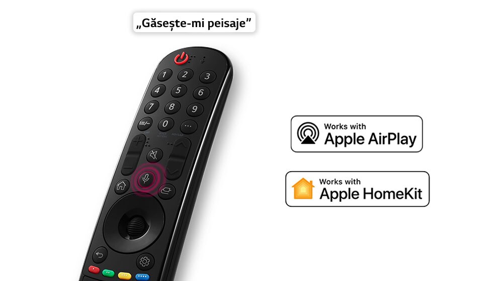 O telecomandă cu bule de vorbire pe care se poate de citit „Găsește-mi peisaje”. Logo-urile serviciilor afiliate OTT sunt ilustrate.