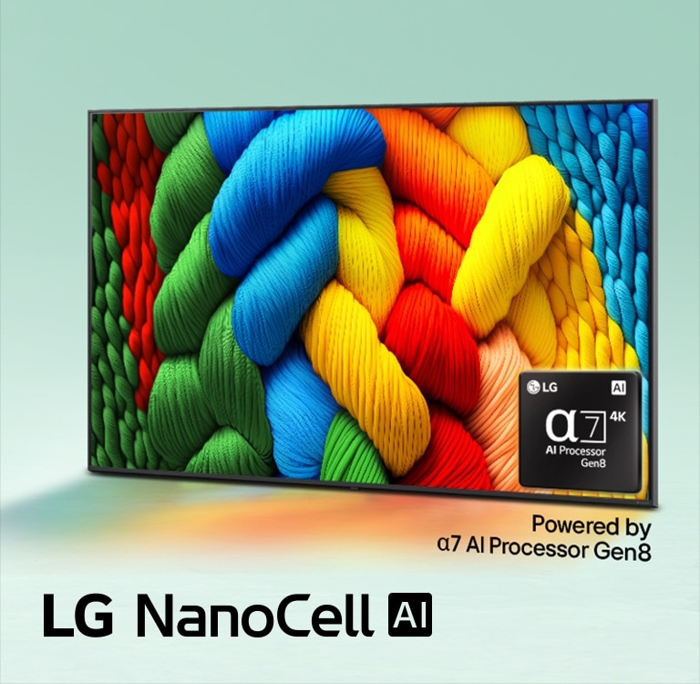LG NanoCell TV stă ușor înclinat cu fața spre stânga și înfățișează fire colorate. Procesorul alpha 7 AI Gen8 este în colțul din dreapta jos a ecranului televizorului. Fundalul este un gradient de turcoaz deschis. Sigla LG NanoCell AI se află în colțul din stânga jos. Textul este, de asemenea, vizibil, alimentat de alpha 7 AI Processor Gen8.