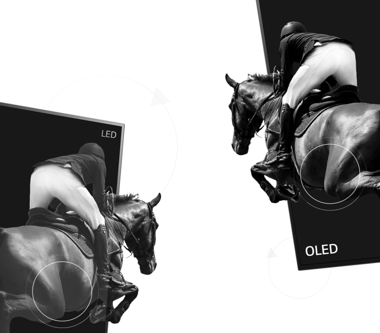 O scenă de călărie afișată pe un ecran LED cu un contrast slab și cealaltă jumătate afișată pe un ecran OLED cu contrast infinit (redă videoclipul)
