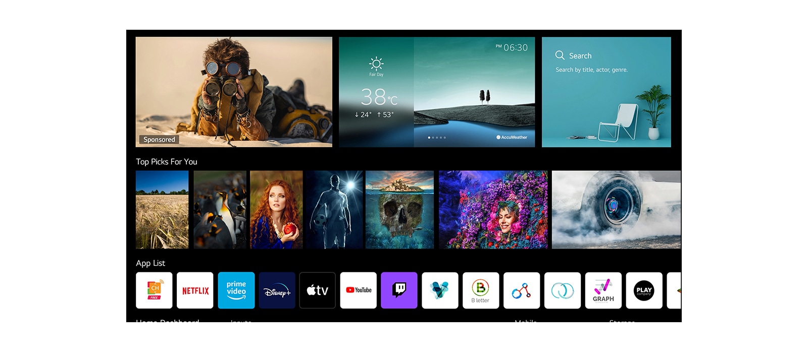 Un ecran TV care prezintă diverse conținuturi listate și recomandate de LG ThinQ AI