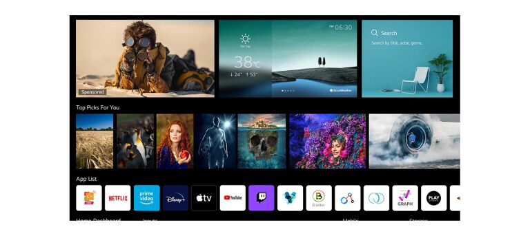 Un ecran TV care prezintă diverse conținuturi listate și recomandate de LG ThinQ AI
