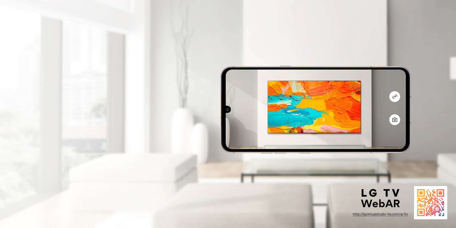 Aceasta este o imagine simulată WebAR a televizorului LG OLED. Imaginile telefonului mobil suprapuse pe un spațiu minimalist. Există un cod QR în dreapta jos.