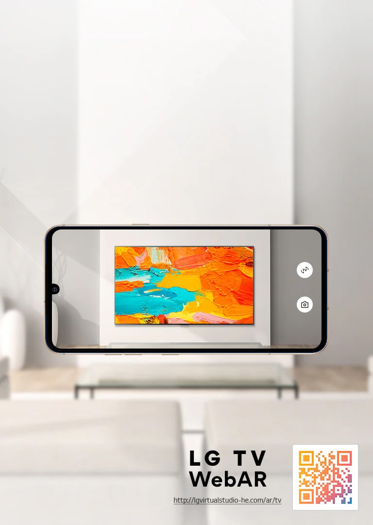 Aceasta este o imagine de simulare WebAR a televizorului LG OLED. Imaginile telefonului mobil suprapuse pe un spațiu minimalist. Există un cod QR în dreapta jos.